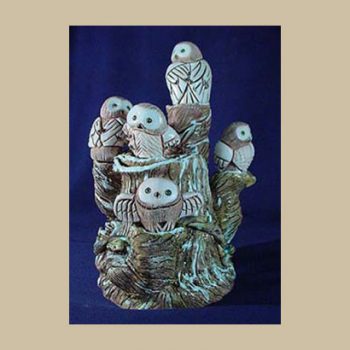 5 little snow Owls on tree trunk #BR50